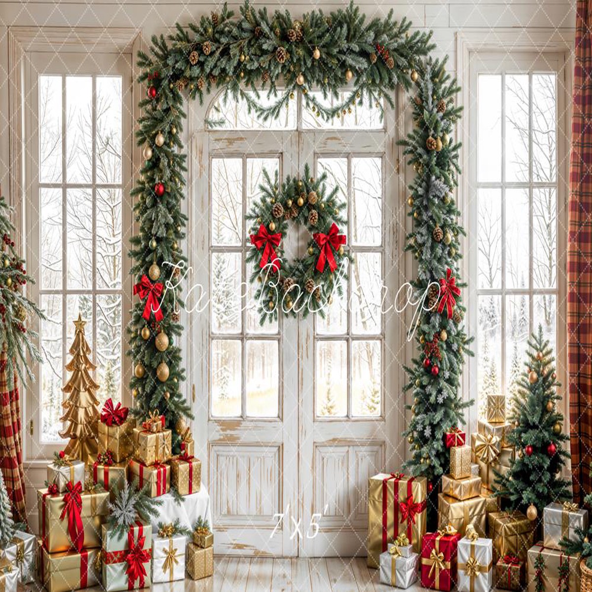 Lightning Deals - Kate Christmas Gift White Door Wreath Printed Backdrop Designed by Emetselch