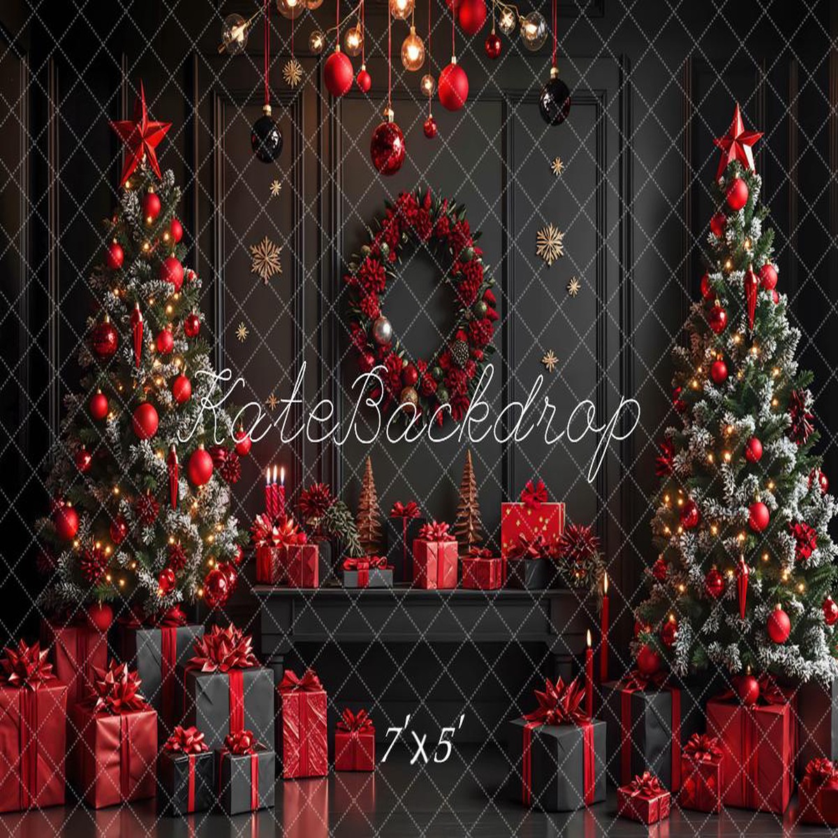 Lightning Deals - Kate Christmas Trees Wreath Presents Black Wall Printed Backdrop Designed by Mini MakeBelieve