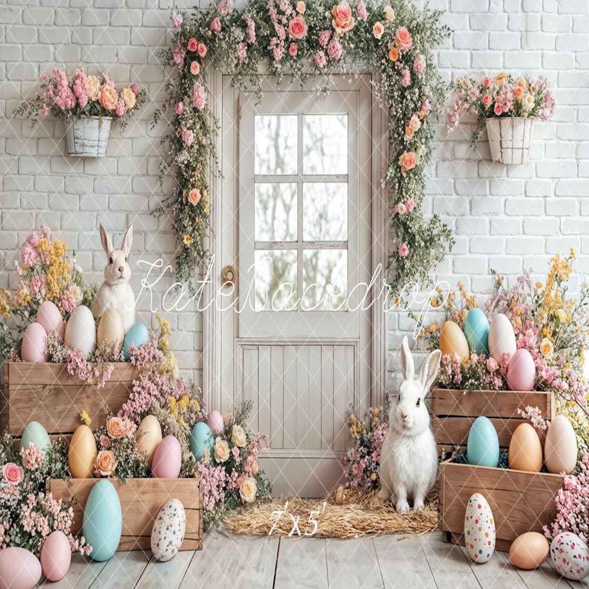 Lightning Deals - Kate Easter Bunny Eggs Flower Printed Backdrop Designed by Emetselch